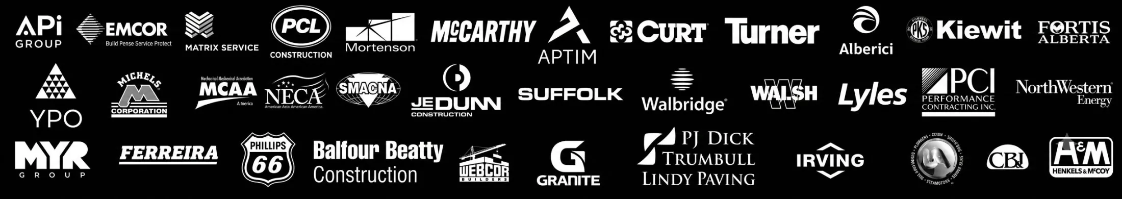 Client logos: APi Group, Emcor, Matrix Service, PCL Construction, Mortenson, McCarthy, Aptim, Curt, Turner, Alberici, Kiewit, Fortis Alberta, YPO, Michels
