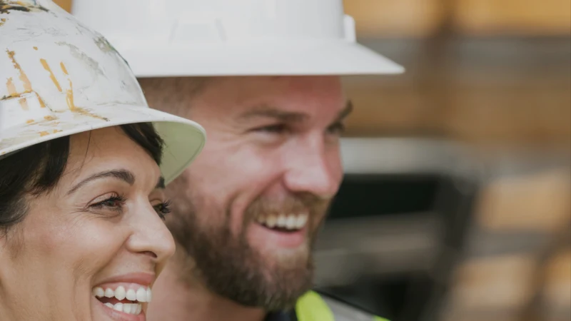 Two construction professionals in hard hats smiling on a jobsite