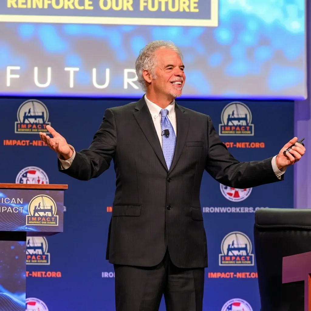 Mark Breslin speaking on stage with arms open at an IMPACT conference