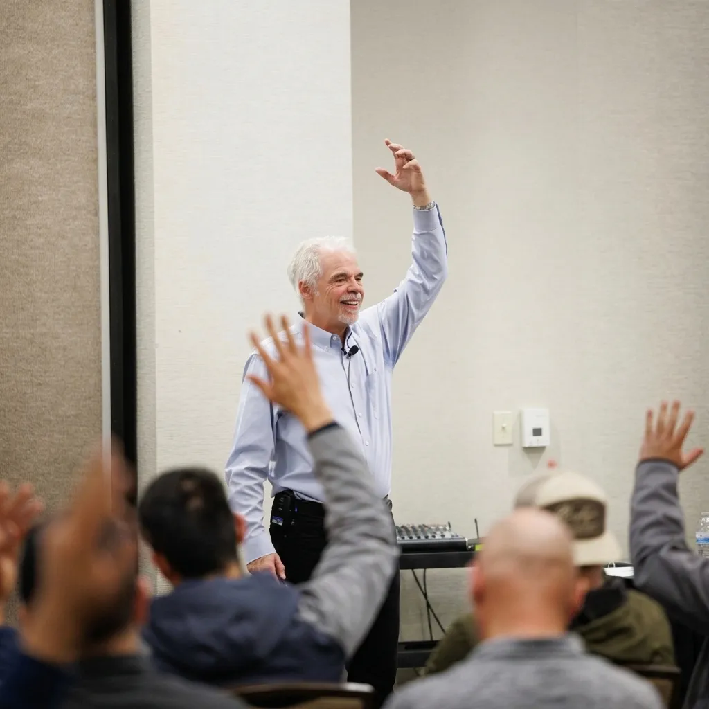 Mark Breslin leading a training room session with hands raised in the audience